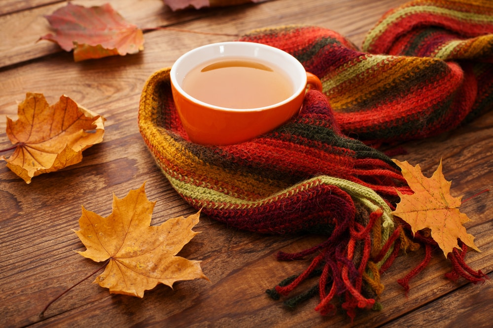Autumn leaves, scarf, and hot tea on wooden surface